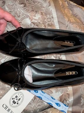 Cider Black Patent Ballet Flats with Bow Trim